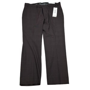 Calvin Klein Slim Fit Dress Pants Mens 40x30‎ Red Wine Plaid Stretch NEW